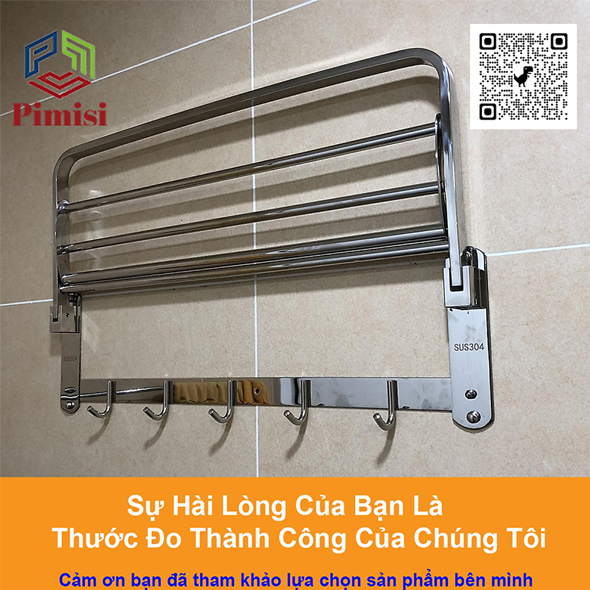 Giá Treo Khăn Tắm Inox 304 Pimisi Có Móc Áo Quần, Với Vắt Khăn Giàn Gấp Gọn Đa Năng Và Thanh Đơn Treo Khăn Mặt Kèm Đinh Ốc Vít Nở Gắn Tường Bằng Khoan Trong Nhà Vệ Sinh | Hàng Chính Hãng