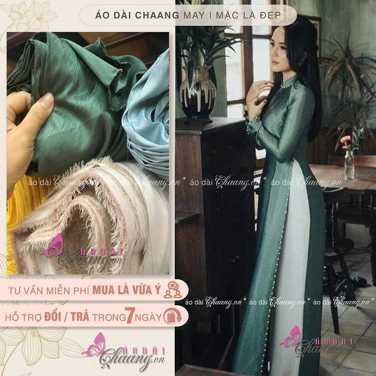 Mua Áo dài xanh lụa vân gỗ_Chaang_May sẵn áo dài đẹp đính hạt ngọc, cổ cao tay dài Mua Áo Dài Xanh Lụa Vân Gỗ_Chaang_May Sẵn Áo Dài Đẹp Đính Hạt Ngọc, Cổ Cao Tay Dài