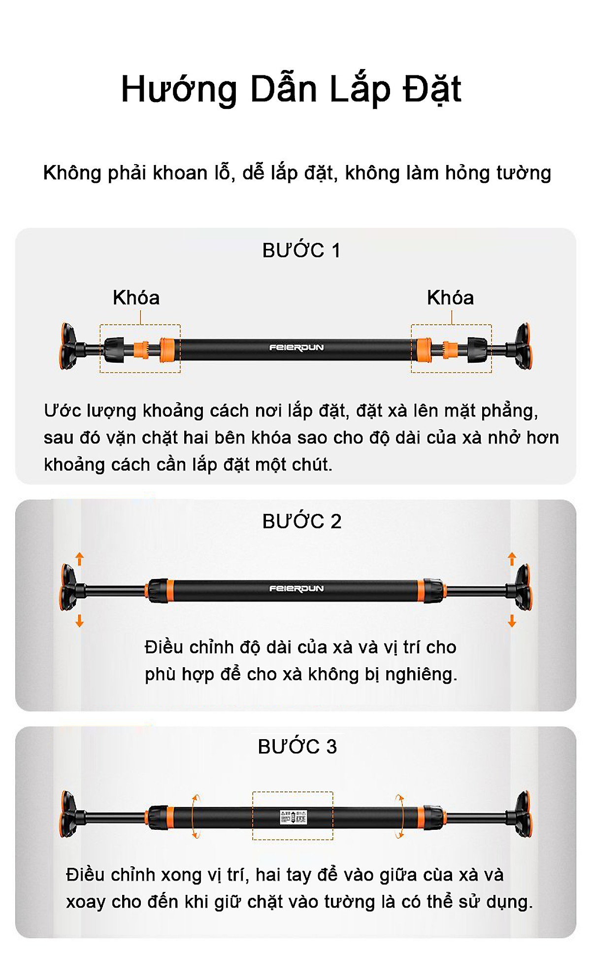 Xà Đơn Gắn Cửa FED-0228 | Kích thước 90-115cm (Chịu lực 400kg - Có chốt khóa an toàn khi gắn xà - Dễ dàng tháo lắp không cần khoan tường)