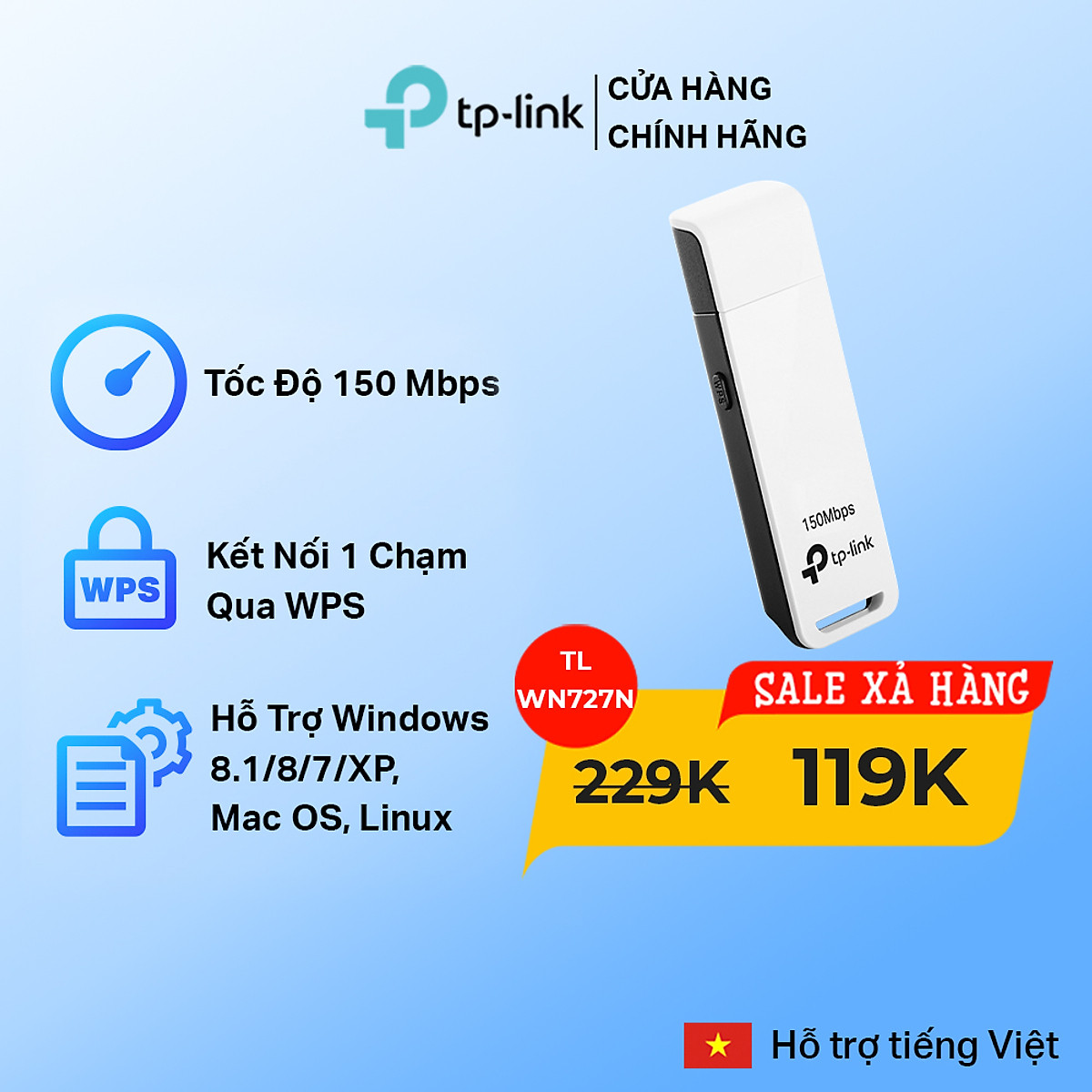 Hộp sản phẩm và phụ kiện đi kèm TL-WN727N chính hãng TP-Link 150Mbps