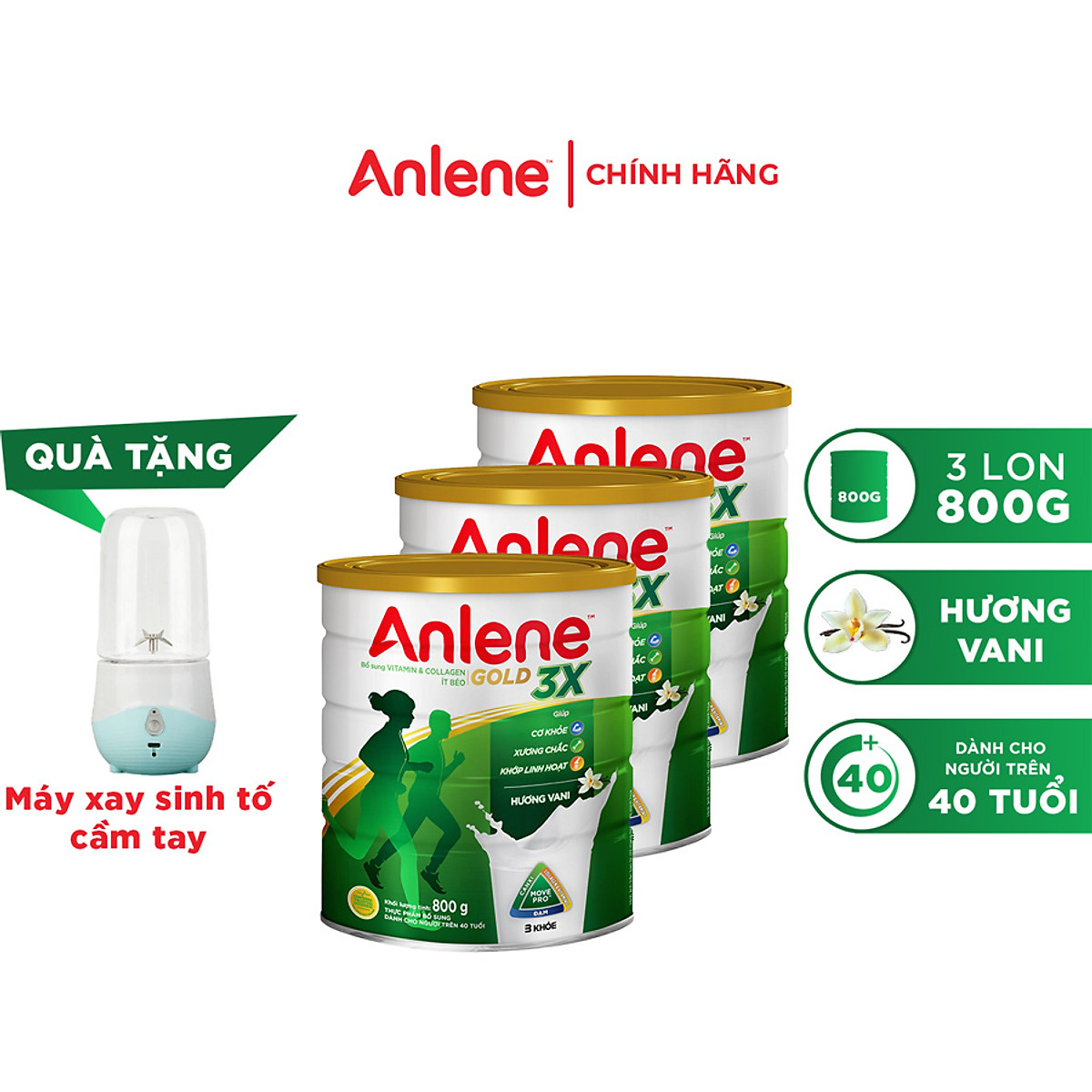 Combo 3 Sữa Bột Anlene Gold 3X Hương Vanilla (Hộp thiếc 800g) - Tặng Ấm Đun Siêu Tốc Rạng Đông