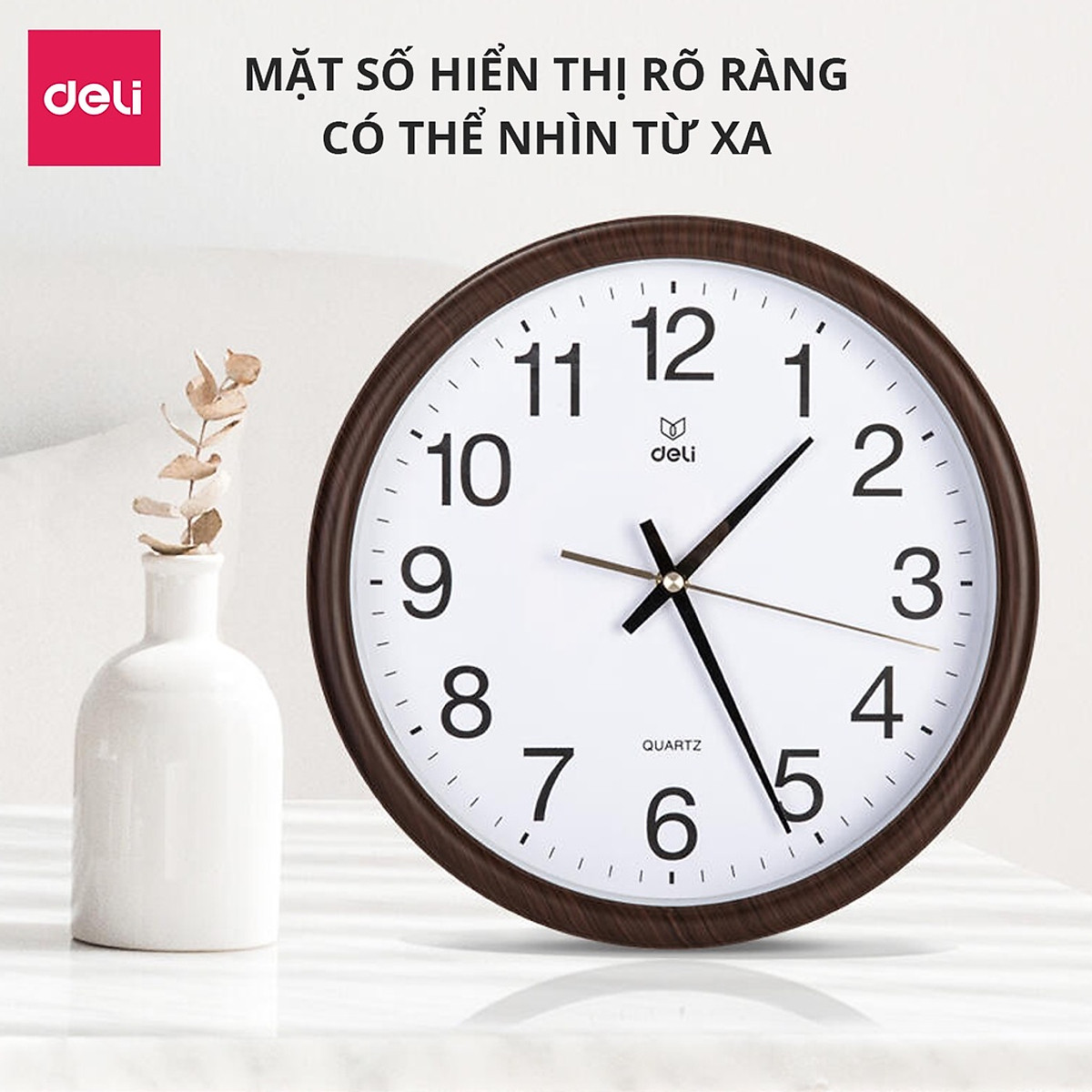 Đồng hồ treo tường vân gỗ cao cấp Deli - Kèm móc treo - Decor trang trí nhà cửa và quán cafe - 8842