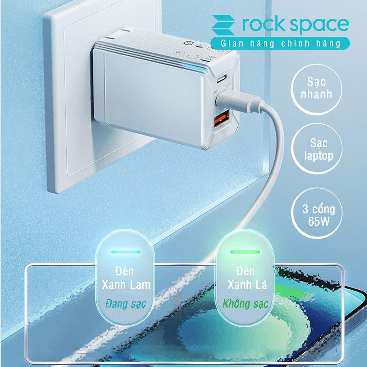 Củ sạc siêu nhanh 65W Rockspace T60 3 cổng sạc, 2 typeC 1 USB - Hàng chính hãng
