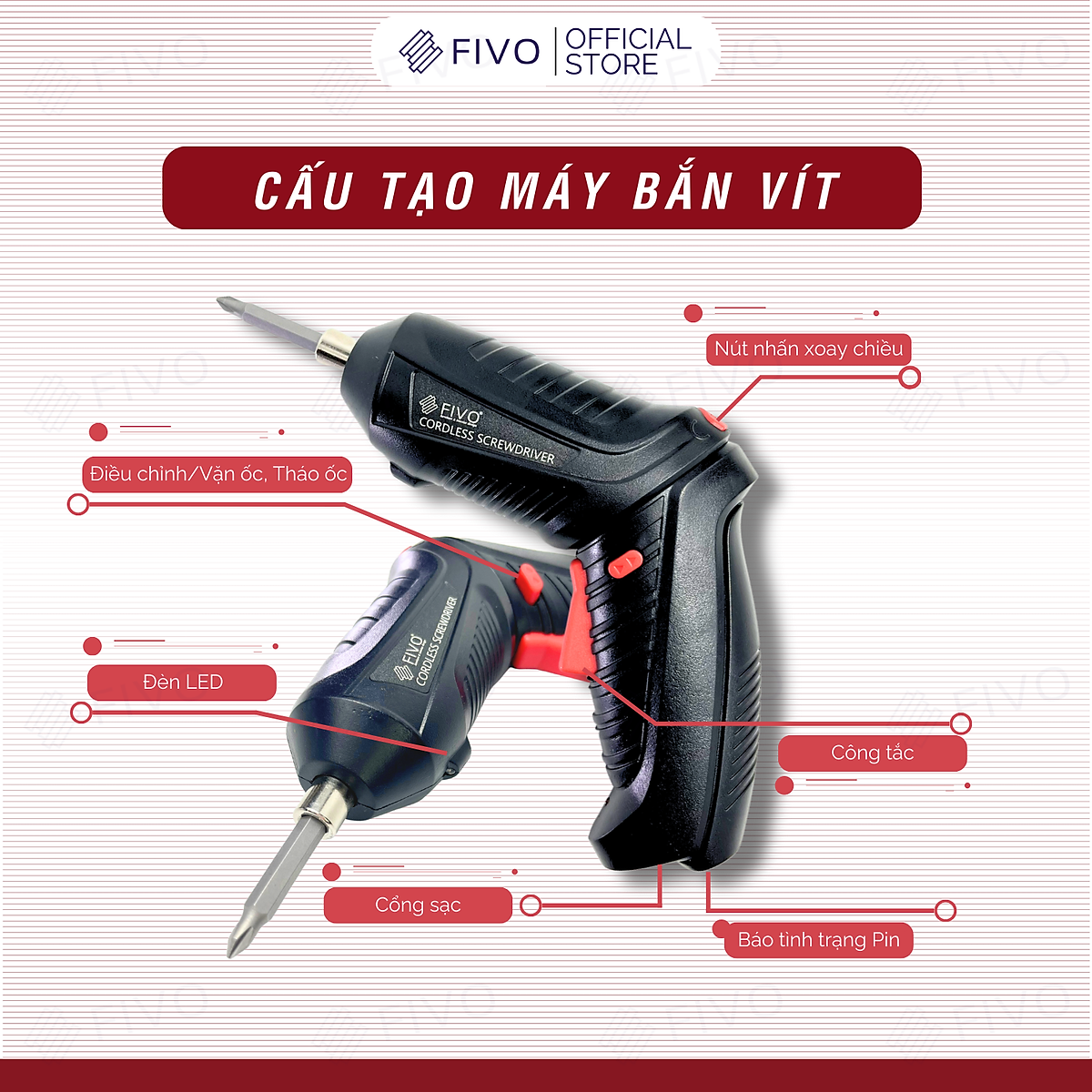 Máy Bắn Vít Cầm Tay Không Dây FIVO, Linh Động 2 Kiểu Dáng, Tặng Kèm Dây Sạc Và 2 Đầu Vít, Nhỏ Gọn Tiện Dụng