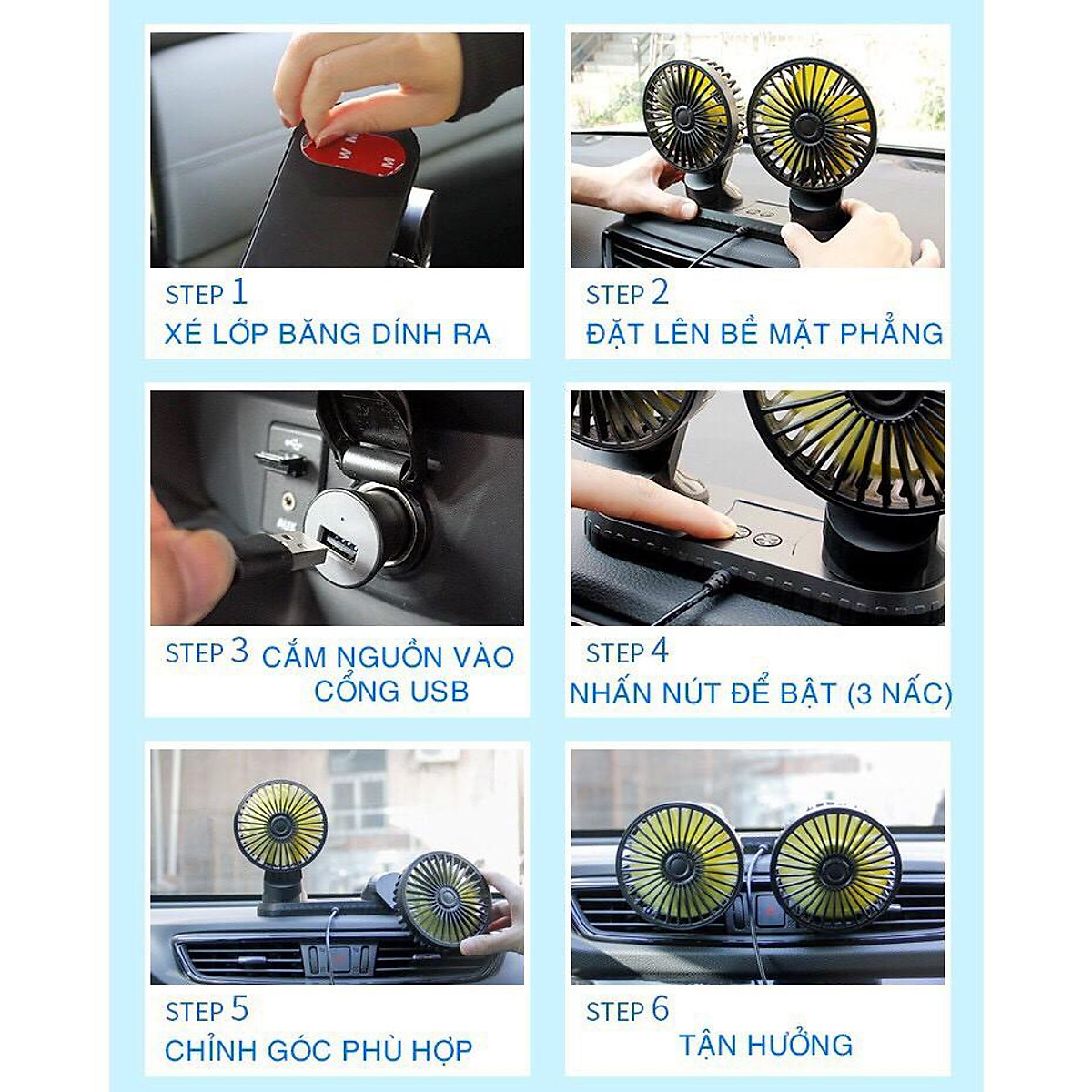QUẠT ĐÔI MINI Ô TÔ - QUẠT MÁT, ÊM, XOAY 360 ĐỘ/TÍCH HỢP 3 CHẾ ĐỘ QUẠT MÁT CÔNG SUẤT 12W