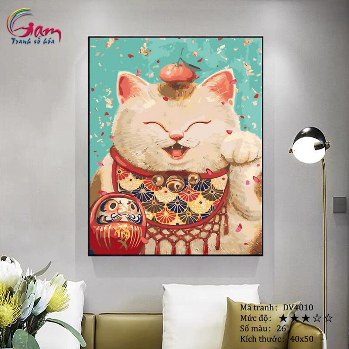 Tranh Sơn Dầu Số Hóa Tự Tô Màu Theo Số Mèo Chiêu Tài Mèo Thần Tài