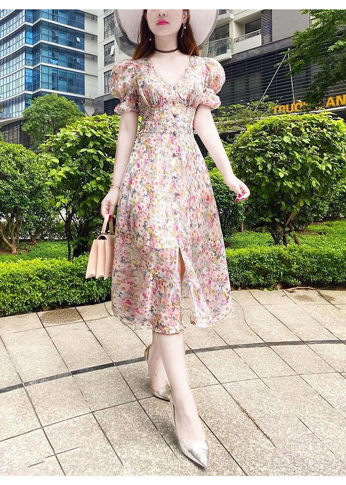 Đầm voan họa tiết hoa nhí cổ tim rút dây KK9831  Thời trang công sở KK  Fashion