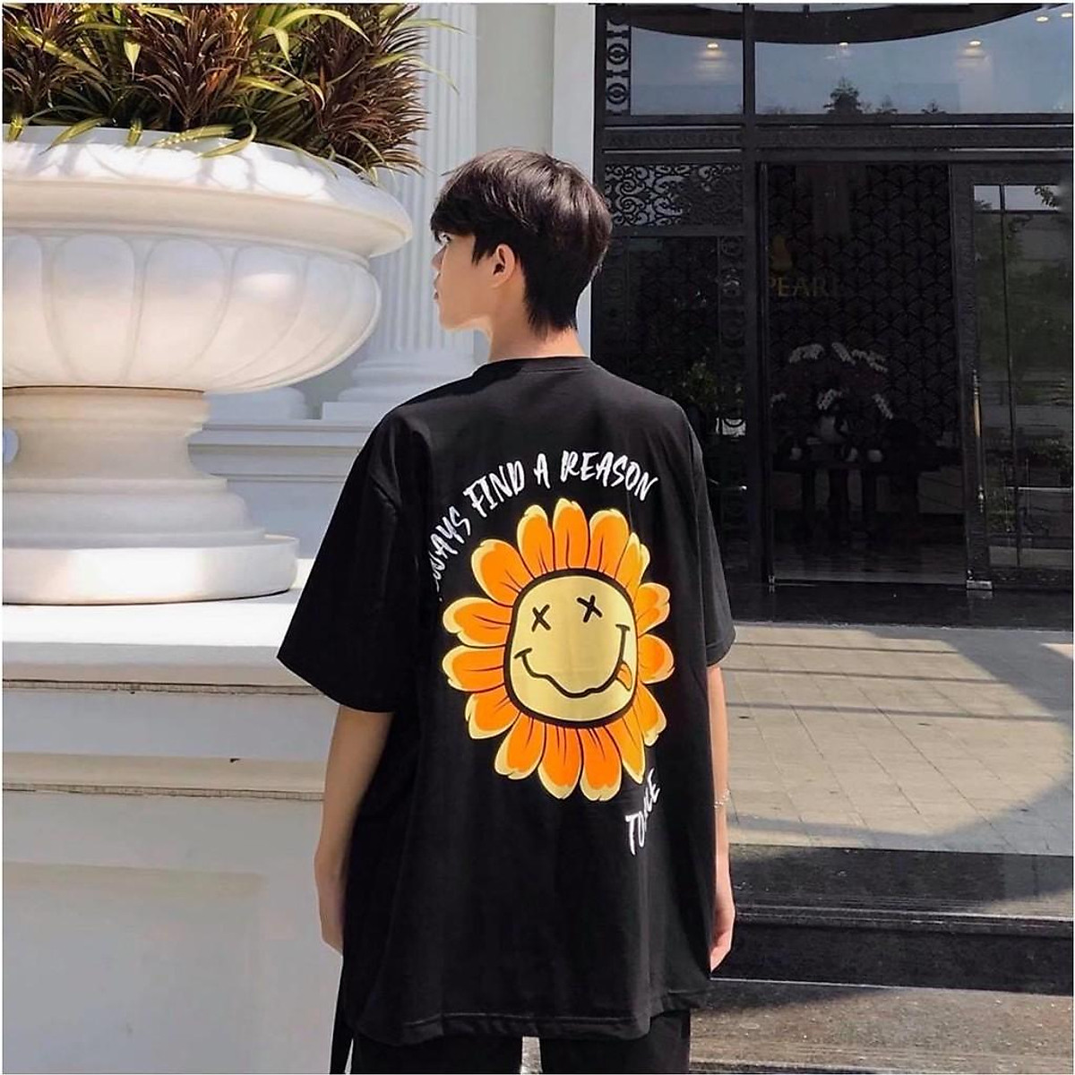 Áo thun tay lỡ form rộng in hình hoa mặt cười, hình in to và cực đẹp, có size to(Big size), phong cách Unisex AL11