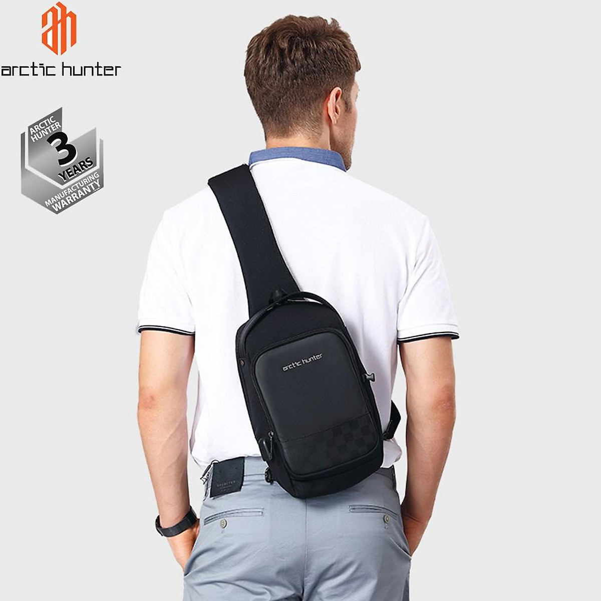 Balo đeo chéo một dây Arctic Hunter XB00105 chất liệu Oxford chống thấm nước, unisex nam nữ,trang bị cổng sạc USB