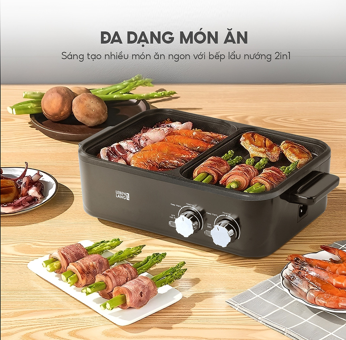 Nồi lẩu điện 2 ngăn mini Lebenlang LBL8583, bếp lẩu nướng 2in1 công suất 1300W, 1200ml nhanh gọn tiện lợi - hàng chính hãng