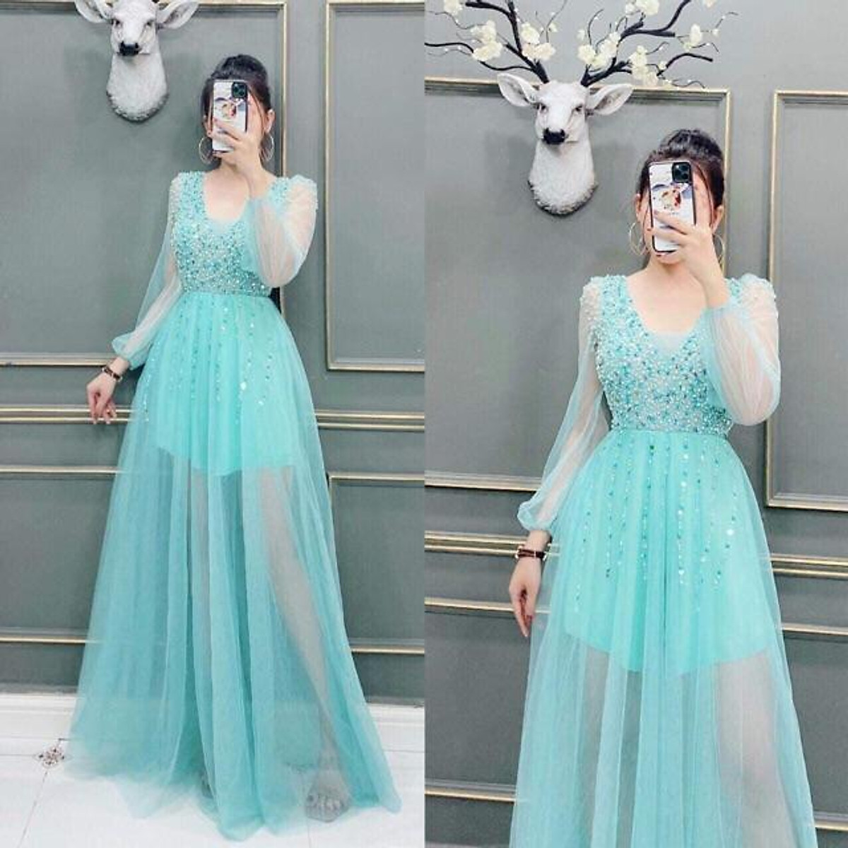 Đầm maxi dự tiệc sang trọng tay dài lưới kết cườm TRIPBLE T DRESS - size M/L ( ảnh mẫu chụp thật ) MS142V