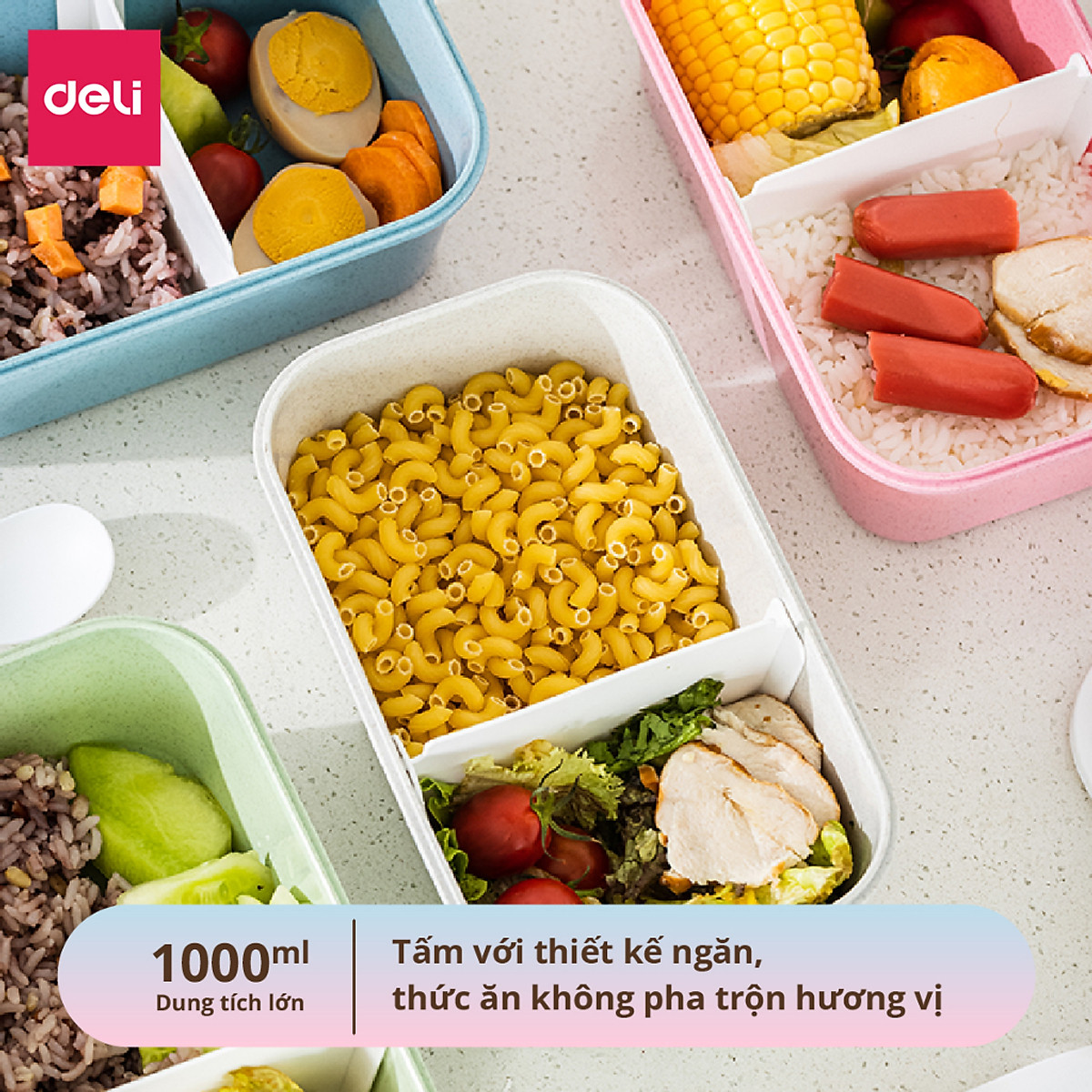 Hộp Cơm Trưa Văn Phòng Lúa Mạch Deli - 2 Ngăn Linh Hoạt Có Thể Sử Dụng Trong Lò Vi Sóng Chống Tràn An Toàn, Hộp Đựng Cơm Tặng Kèm Thìa Dĩa