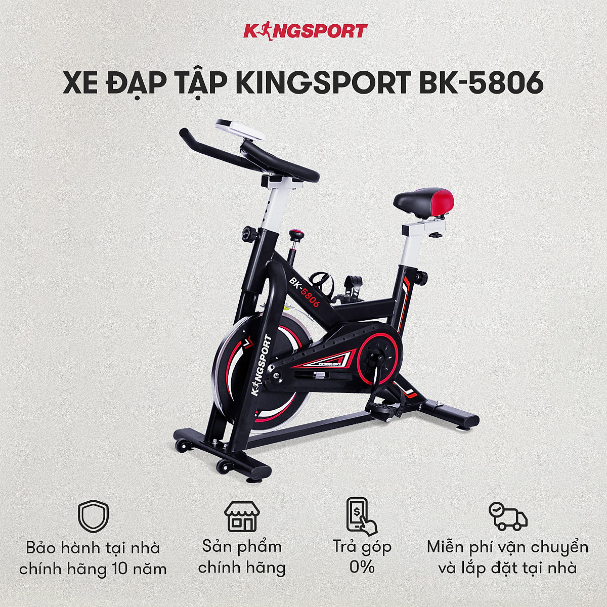 Xe đạp tập thể dục tại nhà Kingsport BK-5806 tải trọng tối đa 150kg, tích hợp đồng hồ thông minh đo nhịp tim và các thông số khi tập luyện, cân nặng phù hợp từ dưới 70-75kg