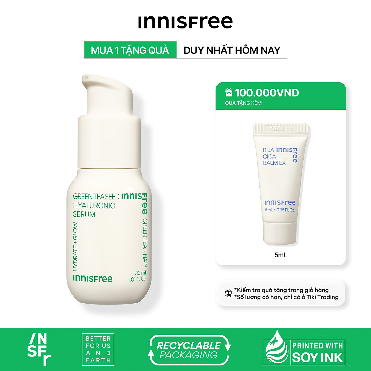 Tinh chất dưỡng ẩm INNISFREE Green Tea Seed Hyaluronic Serum 30mL