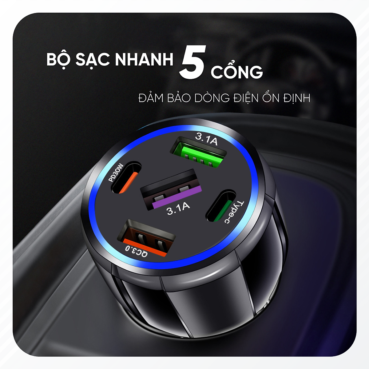 Tẩu Sạc Xe Ô Tô Chia 5 Cổng USB Type C Chuẩn PD, Cổng Quick Charge 3.0 | Kích Thước Nhỏ Gọn, Sạc Nhanh, Dòng Điện Ổn Định