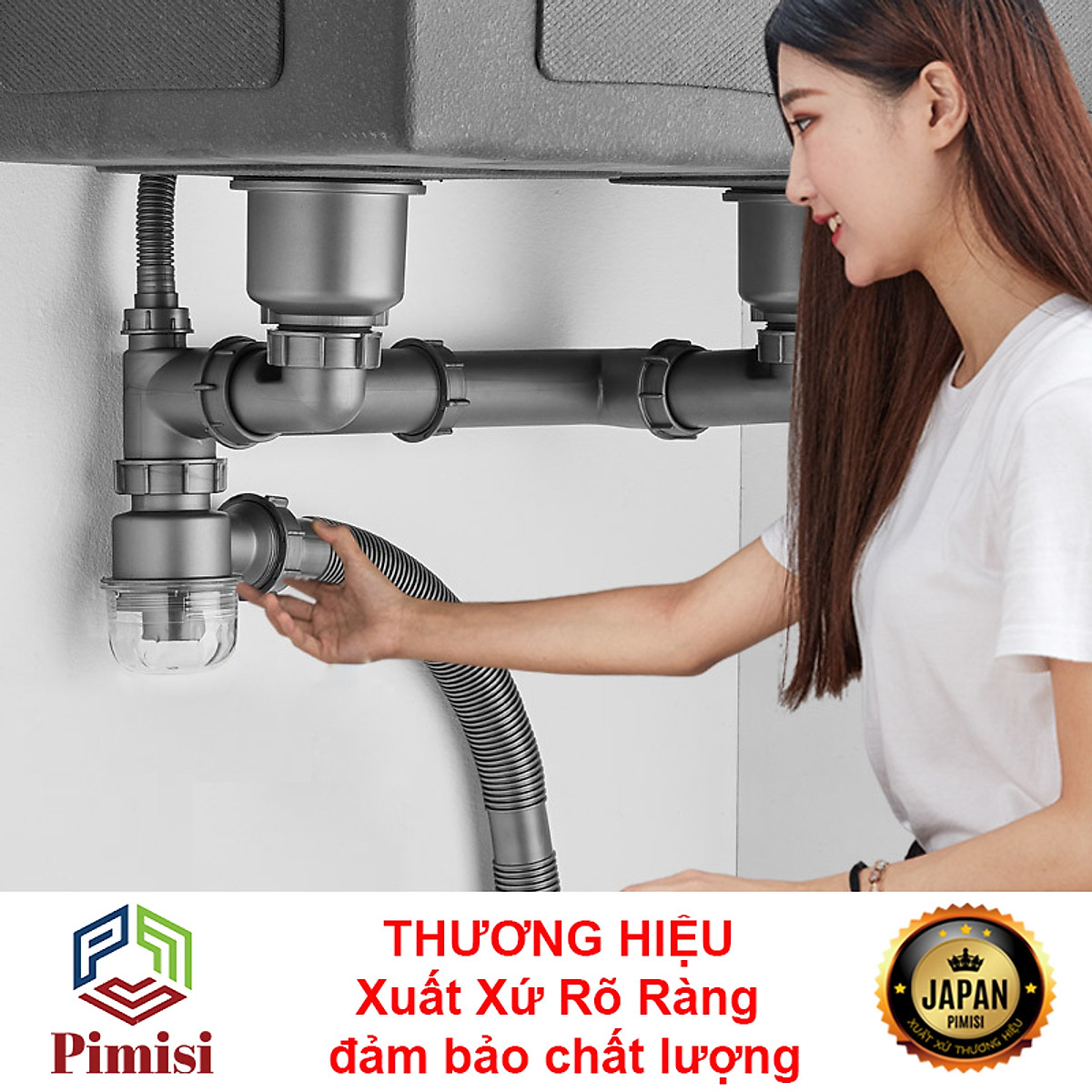 Bộ Xi Phông Xả Thải Bồn Rửa Chén Bát 2 Hố Phi 110-140 Pimisi Cao Cấp - Loại Ống Thải Nhựa Cứng Không Đọng Nước - Cốc Inox 304, Lọc Rác, Bầu Chống Mùi Hôi Và Giảm Dầu Mỡ Ống Dẫn - Có Thoát Tràn | Hàng Chính Hãng