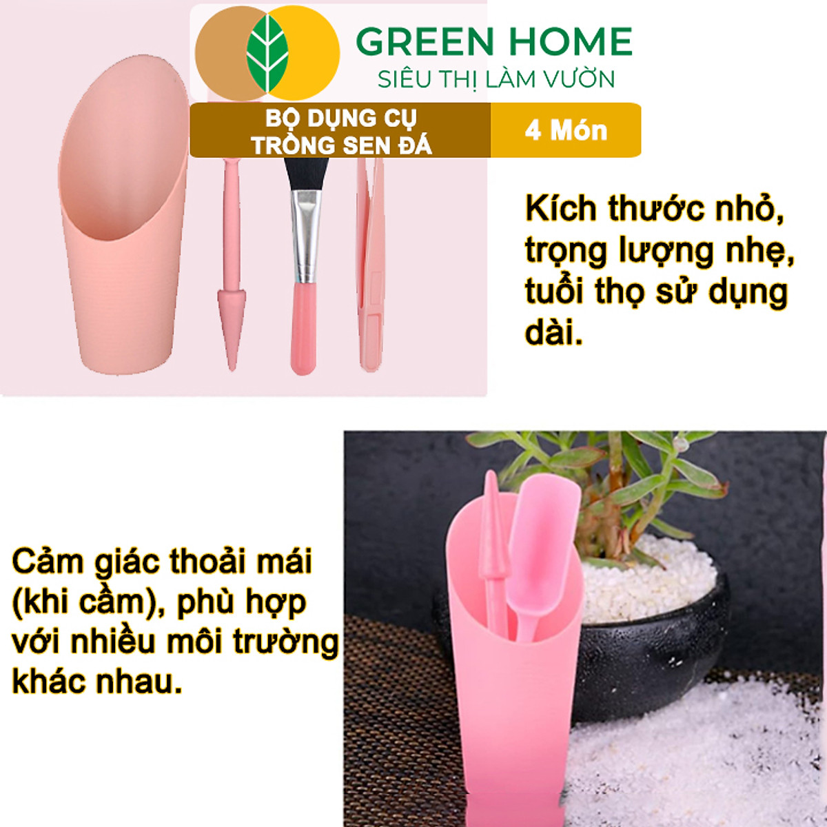 Dụng Cụ Làm Vườn GreenHome, Mini 4 Món, Chuyên Trồng Sen Đá, Xương Rồng, Tiểu Cảnh Mini, Màu Ngẫu Nhiên