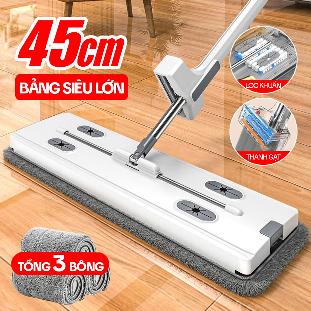 Cây lau nhà tự vắt KITIMOP MONSTER 45CM chổi lau nhà thông minh xoay 360 độ lau sàn làm sạch, 3 bông lau