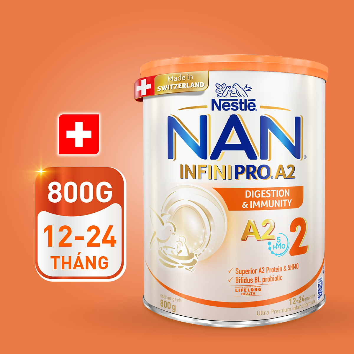 Sữa bột NAN INFINIPRO A2 Thụy Sĩ 2 800g với sự kết hợp độc đáo giữa đạm quý A2 và 5HMO (12 - 24 tháng)