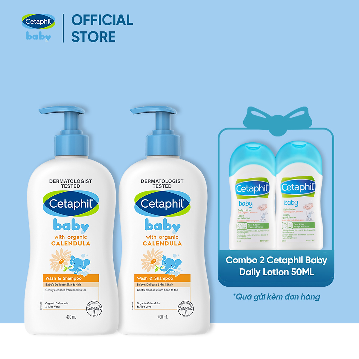 [Tặng Cetaphil Baby 50ml] Combo 2 Sữa tắm gội dịu lành cho bé Cetaphil Baby Wash & Shampoo with Organic Calendula 400ml/chai