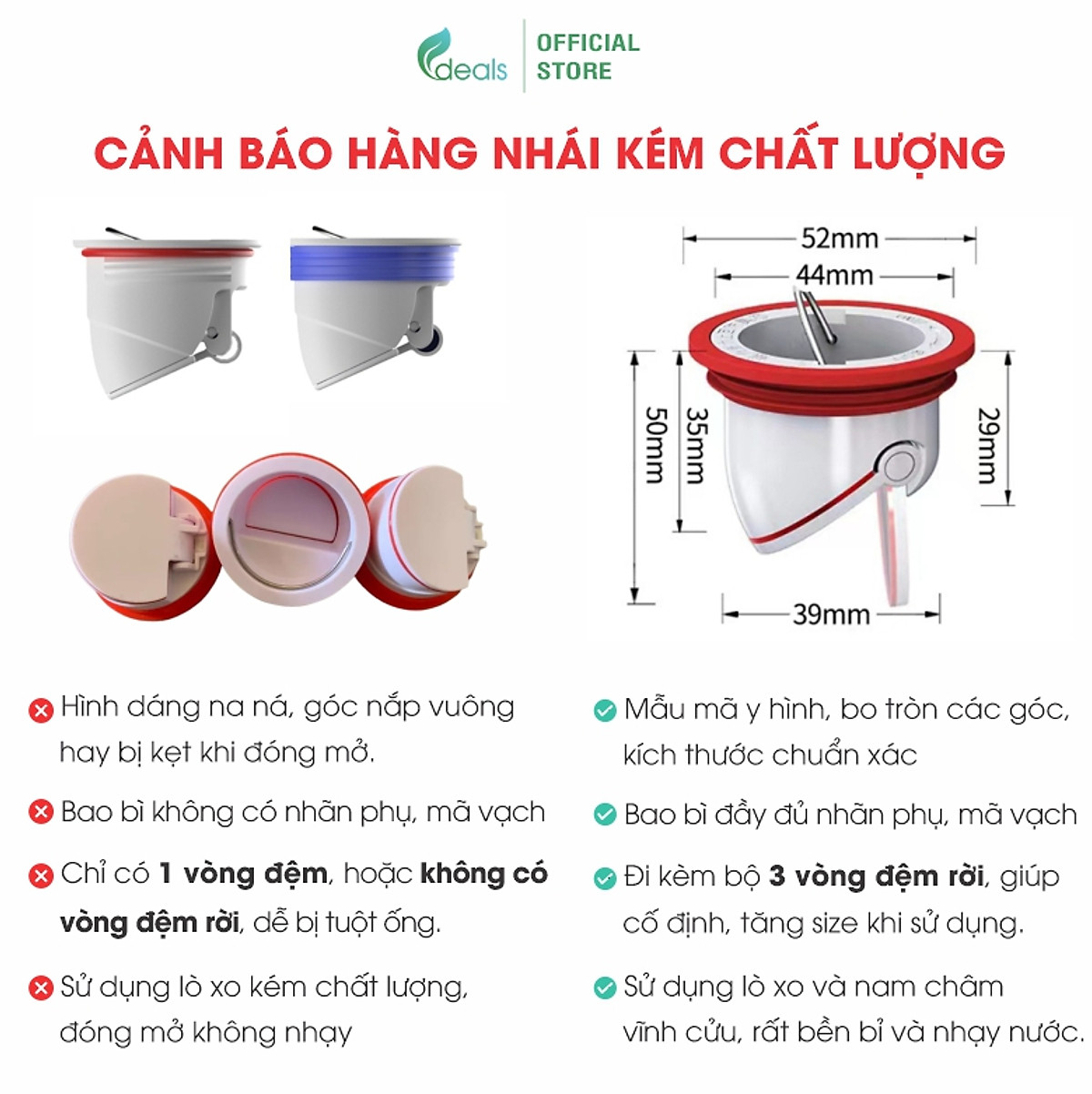 Nắp Ngăn Mùi Thoát Sàn ECODEALS - Chặn Mùi Hôi Cống, Chống côn trùng, Chống trào ngược - MẪU MỚI CẢI TIẾN, ĐỦ KÍCH CỠ