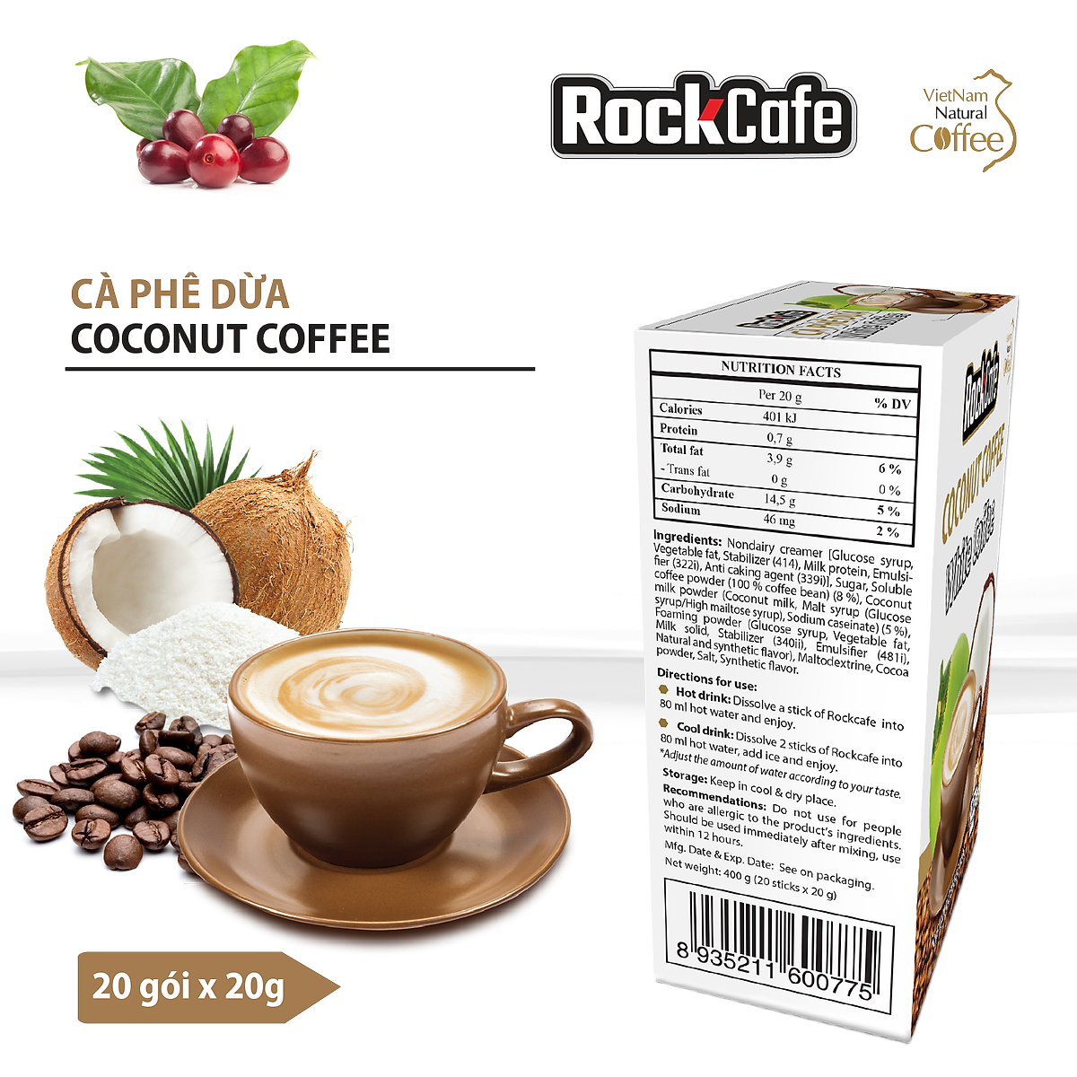 Cà phê dừa ROCKCAFE (Hộp 20 gói)