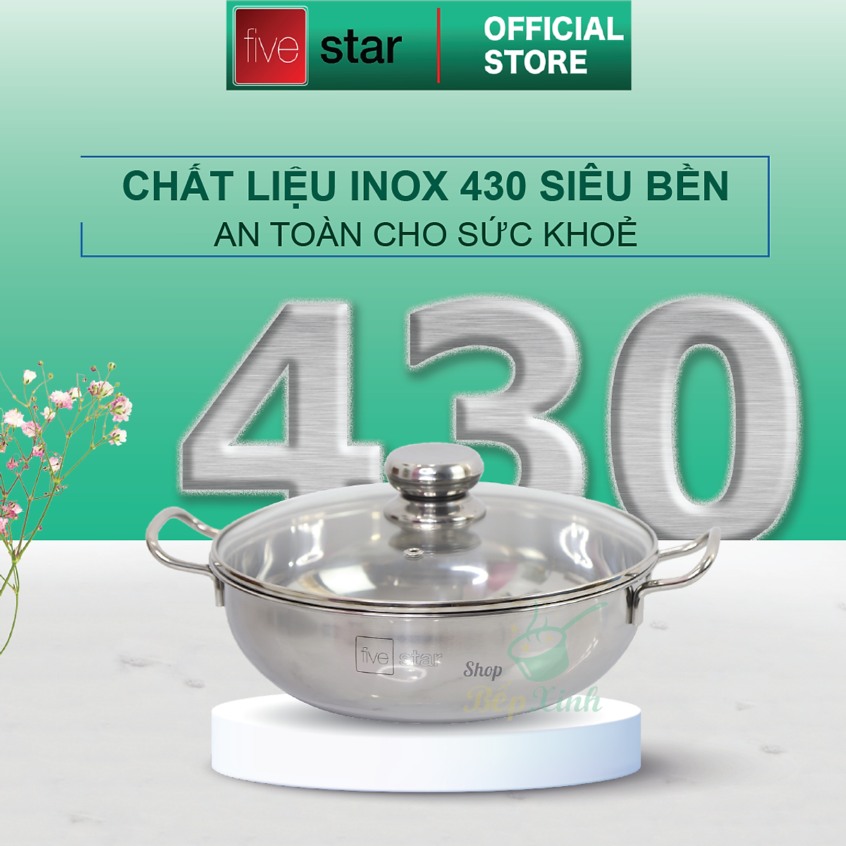 Nồi lẩu 3 đáy inox 430 Fivestar sử dụng bếp từ nắp kính tặng 2 vá canh ( 24cm / 26cm / 28cm )