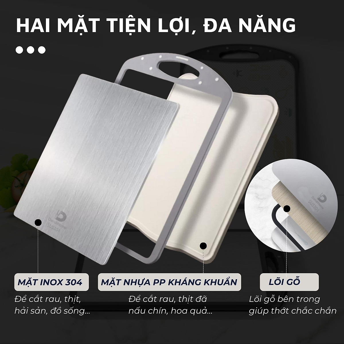 Thớt inox 304 và nhựa kháng khuẩn DandiHome cao cấp hai mặt - Hàng chính hãng