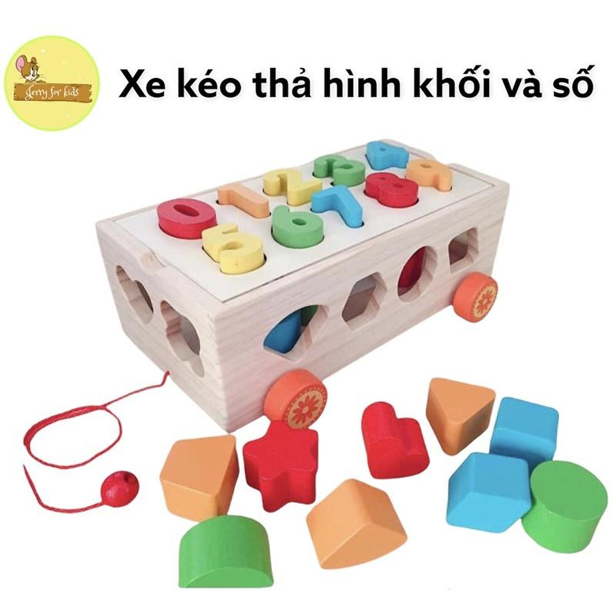 Đồ chơi trẻ em bộ xe kéo thả số và hình khối bằng gỗ an toàn