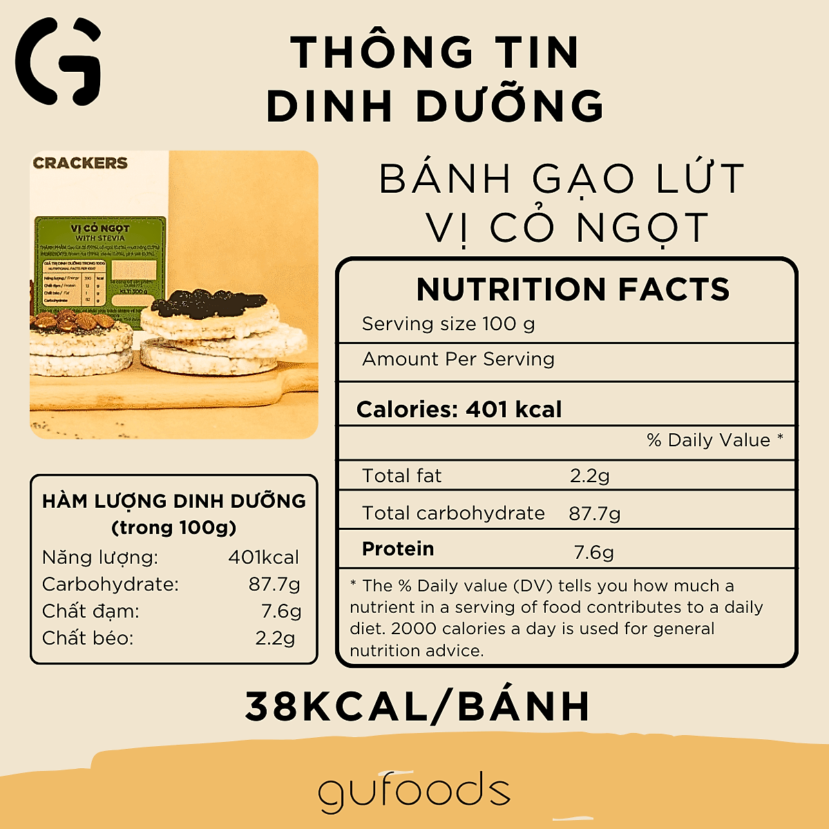 Bánh gạo lứt nguyên hạt ăn kiêng GUfoods (Gói 510g=54 bánh) - Không chiên dầu, Phù hợp Eat clean, Ăn vặt healthy, Thực dưỡng, Tập Gym, Giảm cân