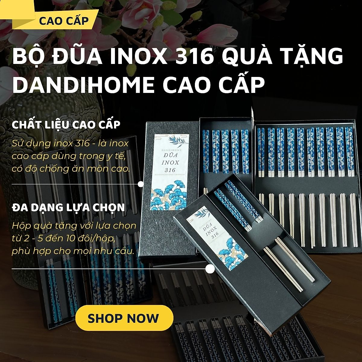Hộp quà tặng đũa inox 316 DandiHome cao cấp mạ Titanium Plated