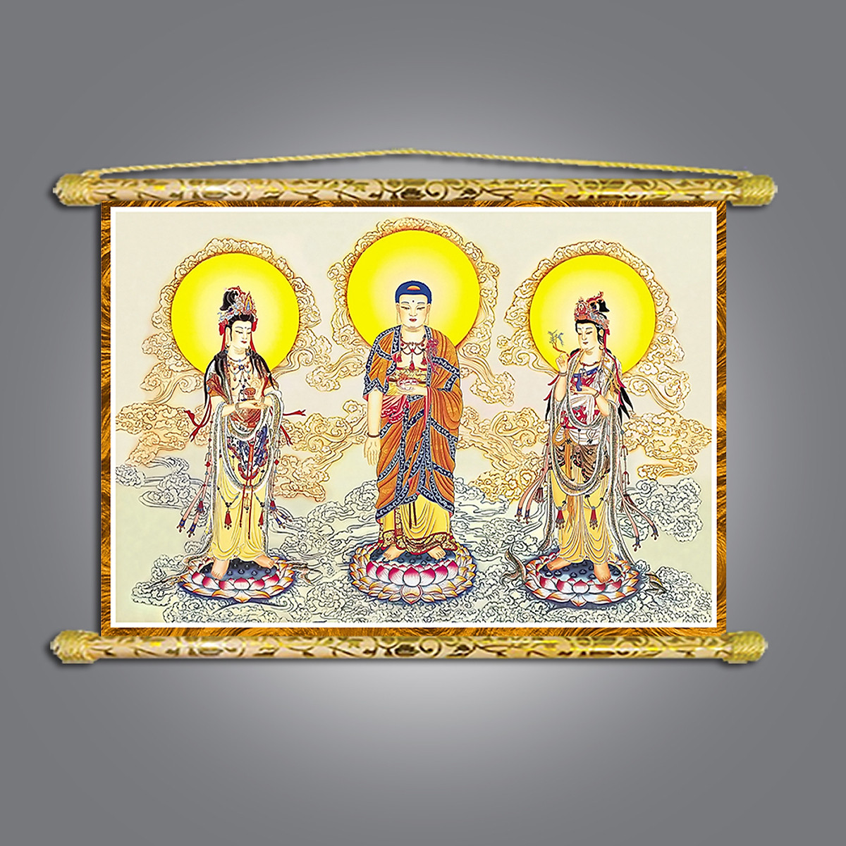 Tranh Lụa Tây Phương Tam Thánh Trục Treo Nhôm Nhiều Size giá từ 250000    490000  bán tại Pháp Duyên Shop