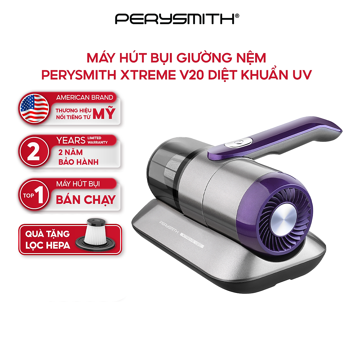 Máy hút bụi giường nệm không dây UV PerySmith XTREME V20 cầm tay hiện đại - Hàng chính hãng