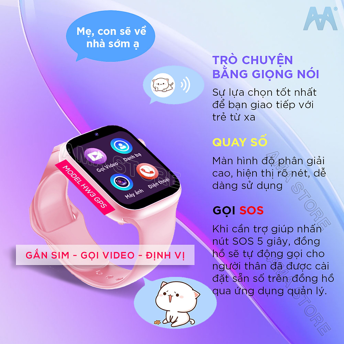 Đồng hồ Thông minh Trẻ em Học sinh Tiểu học THCS THPT Chống nước Lắp sim Định vị Kép Smart Watch AMA HW13 Hàng nhập khẩu