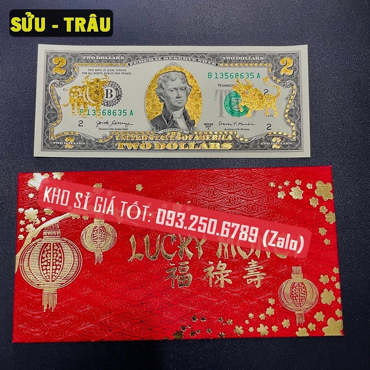 Giá KM] Bộ Tiền 2 USD Mạ Vàng Hình Con Giáp 3D CON TRÂU - SỬU Làm