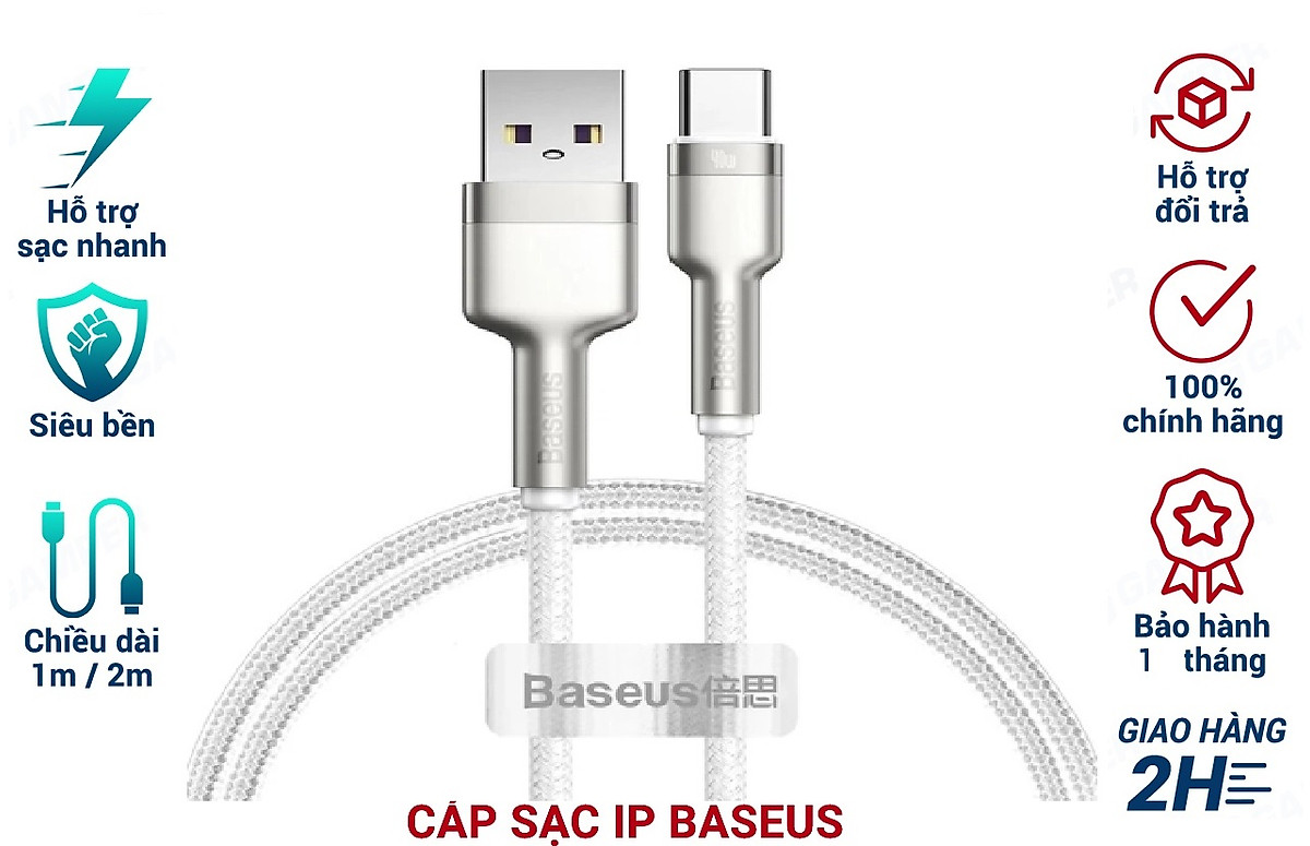 Cáp sạc nhanh, siêu bền Baseus Cafule Metal Series Type C 40W (USB to Type C, Zinc Alloy Material, Super Quick charge)- Hàng chính hãng.