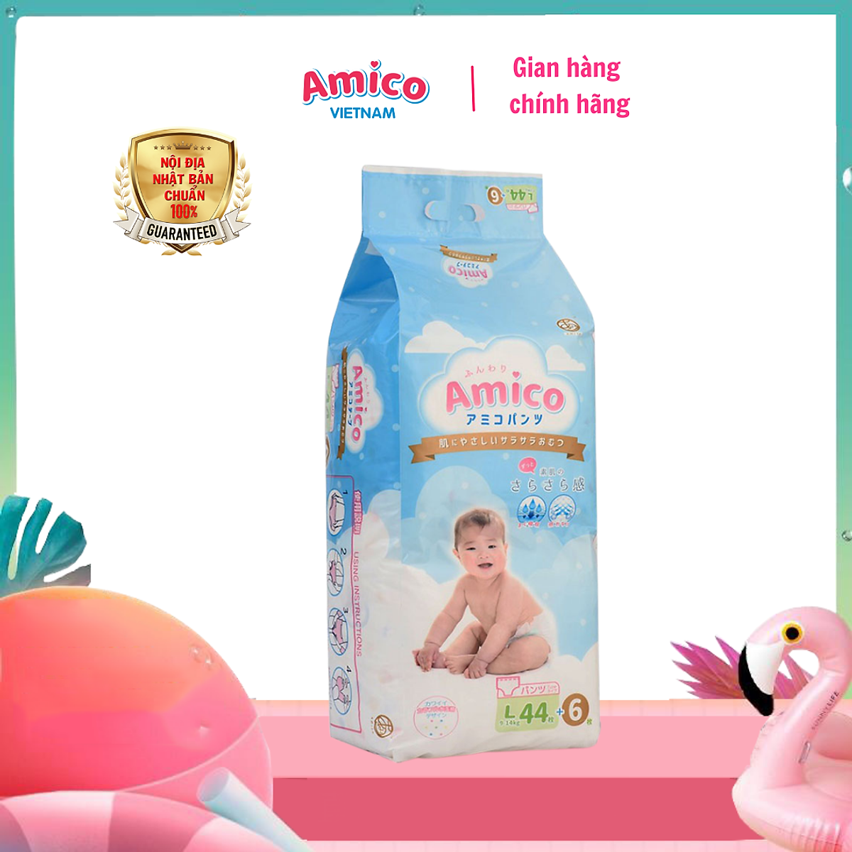 Bỉm - Tã quần Amico size L 44 + 6 miếng (Cho bé 9 - 14kg)