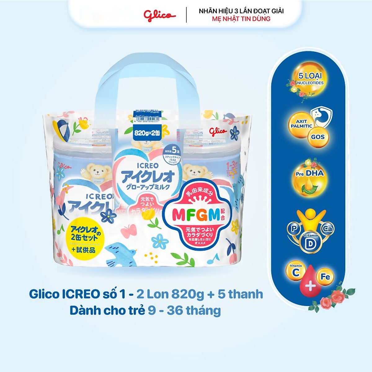 Sữa Bột Glico Icreo Grow-Up Cho Bé 1-3 Tuổi (2x820g/Lon)