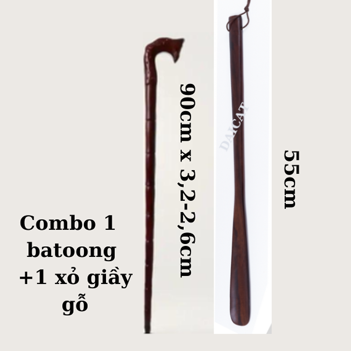 Combo Batoong chống trượt cho người già -đầu rồng-gỗ xà cừ tự nhiên Cây xỏ giầy gỗ muồng đên 55cm