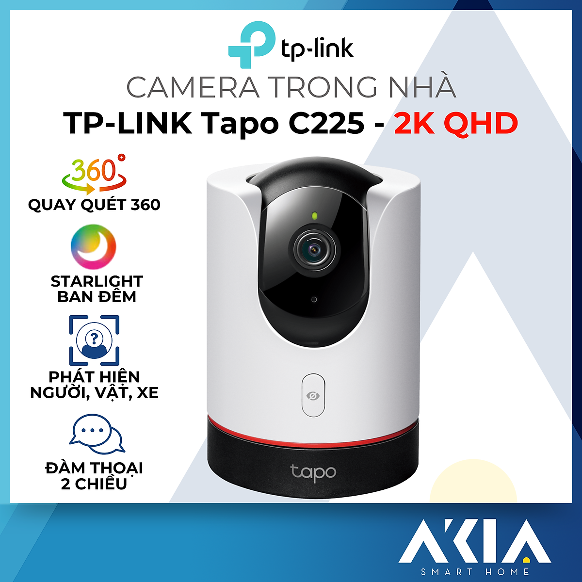 Camera trong nhà TP-Link Tapo C225 - Quay quét 360 độ, Phát hiện người, vật và xe cộ, Đàm thoại 2 chiều - Hàng chính hãng