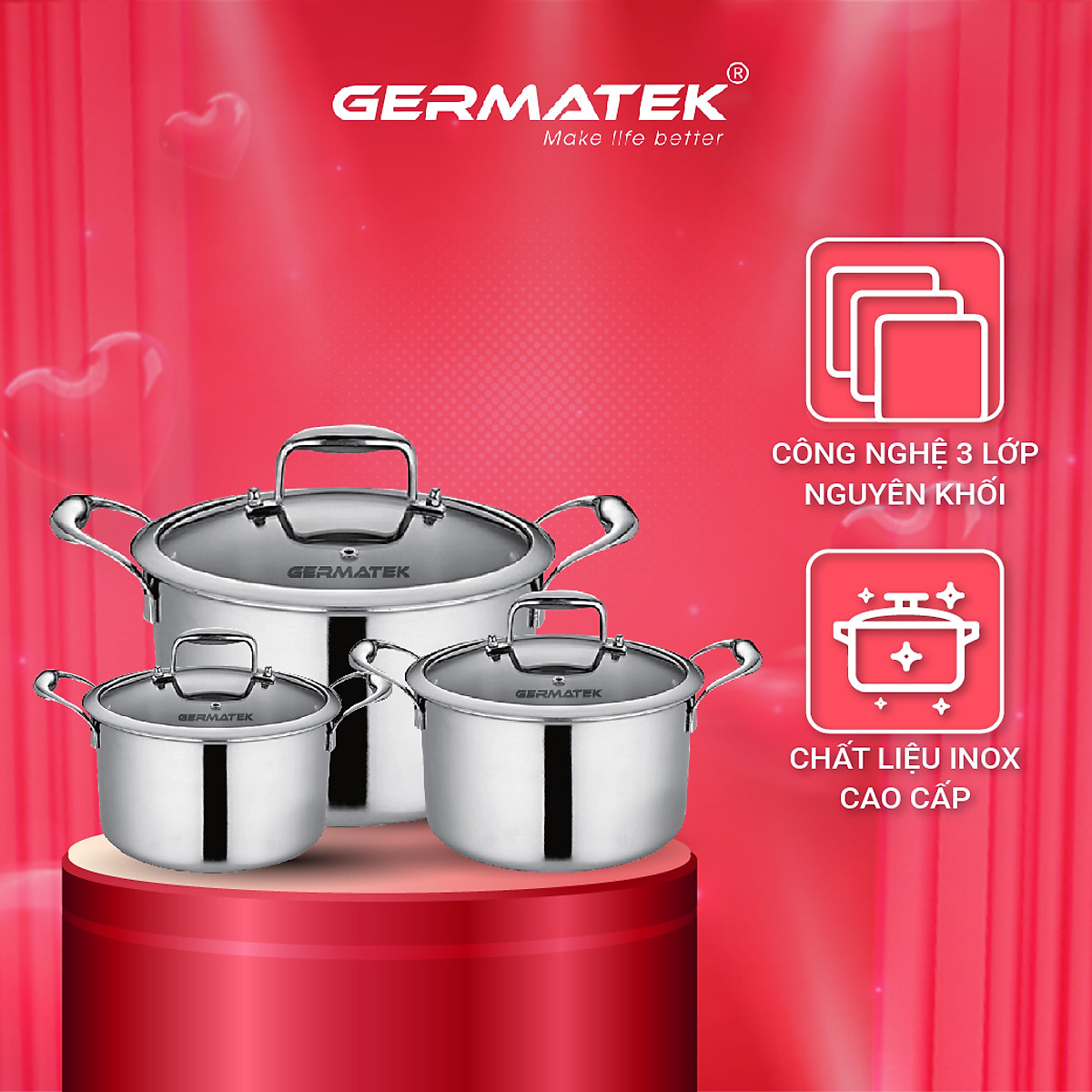 Bộ nồi Germatek Inox cao cấp 3 lớp nguyên khối Ruby GE-0308 Size 18, 20, 24cm