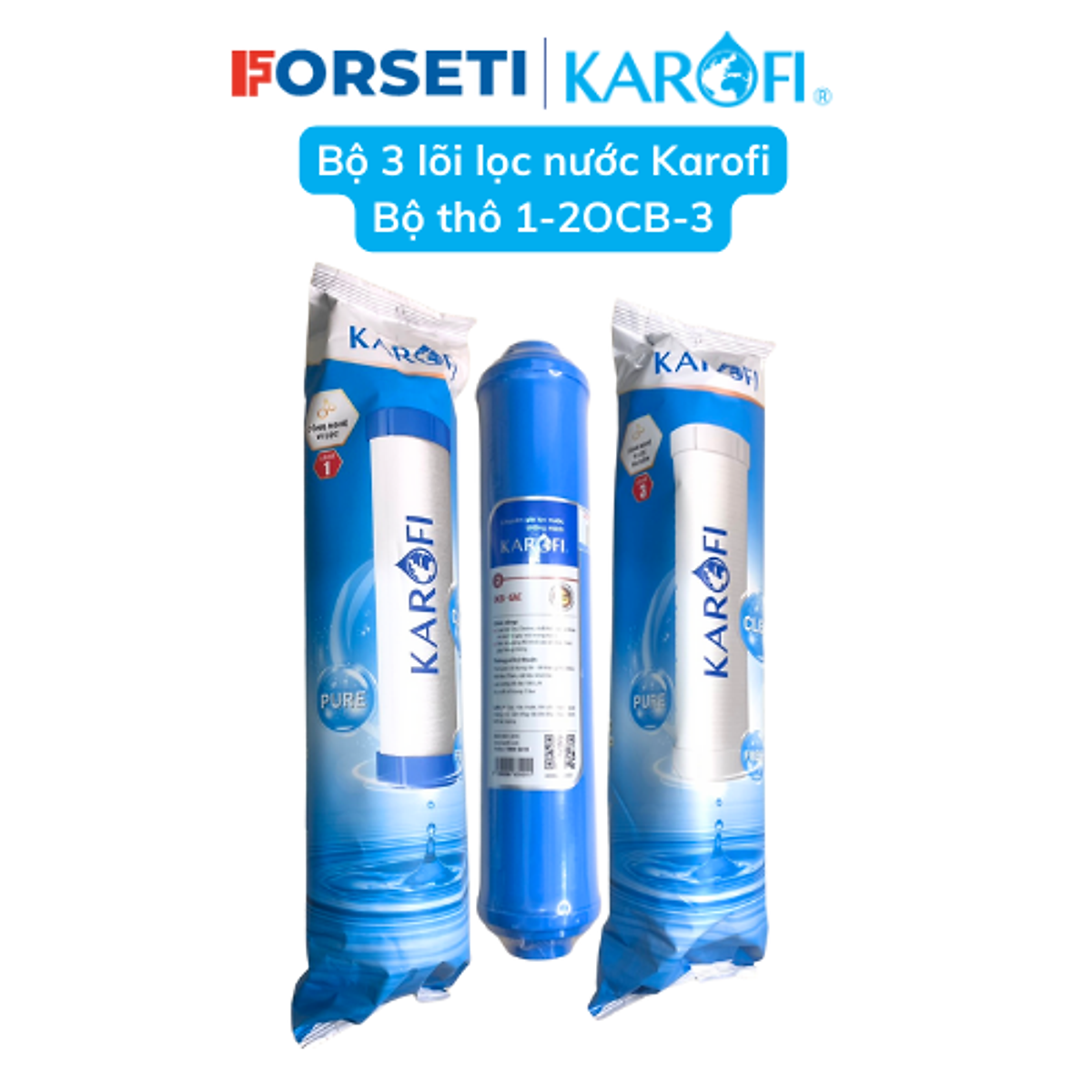 Bộ 3 lõi lọc nước 123 hàng chính hãng Karofi với lõi số 2 OCB nhỏ cắm nhanh, dùng cho các dòng máy N-e.
