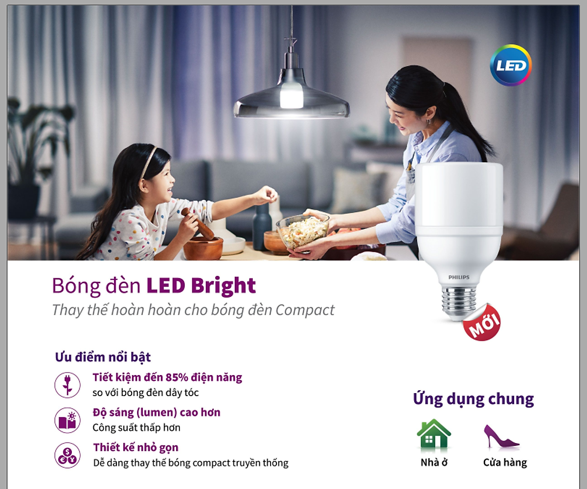 Bóng đèn Philips LED Bright E27 bảo vệ mắt, ánh sáng vàng, ánh sáng trắng (01 bóng)