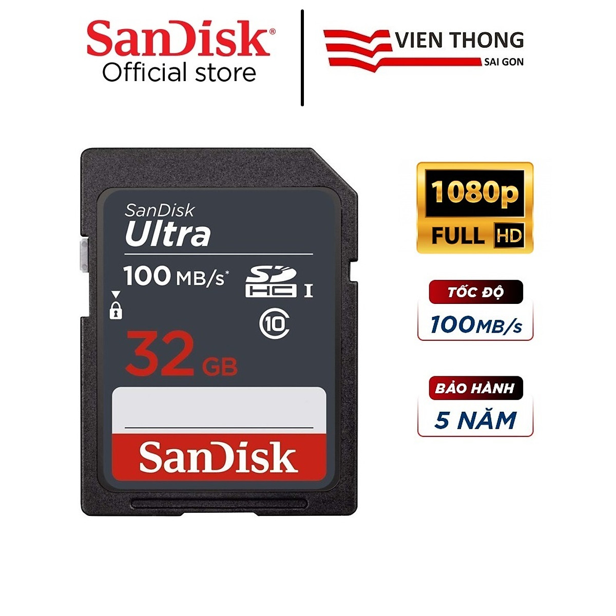 Thẻ nhớ SD Sandisk Ultra GN3 32GB 100MB/s UHS-I (cho máy ảnh) - Hàng Chính Hãng
