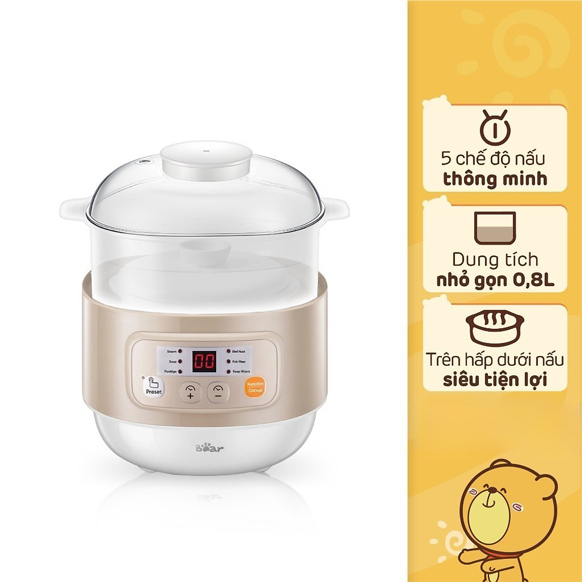 Nồi nấu chậm đa năng Bear DDZ-A08T8 0.8L (200W) - Màu nâu - Hàng chính hãng