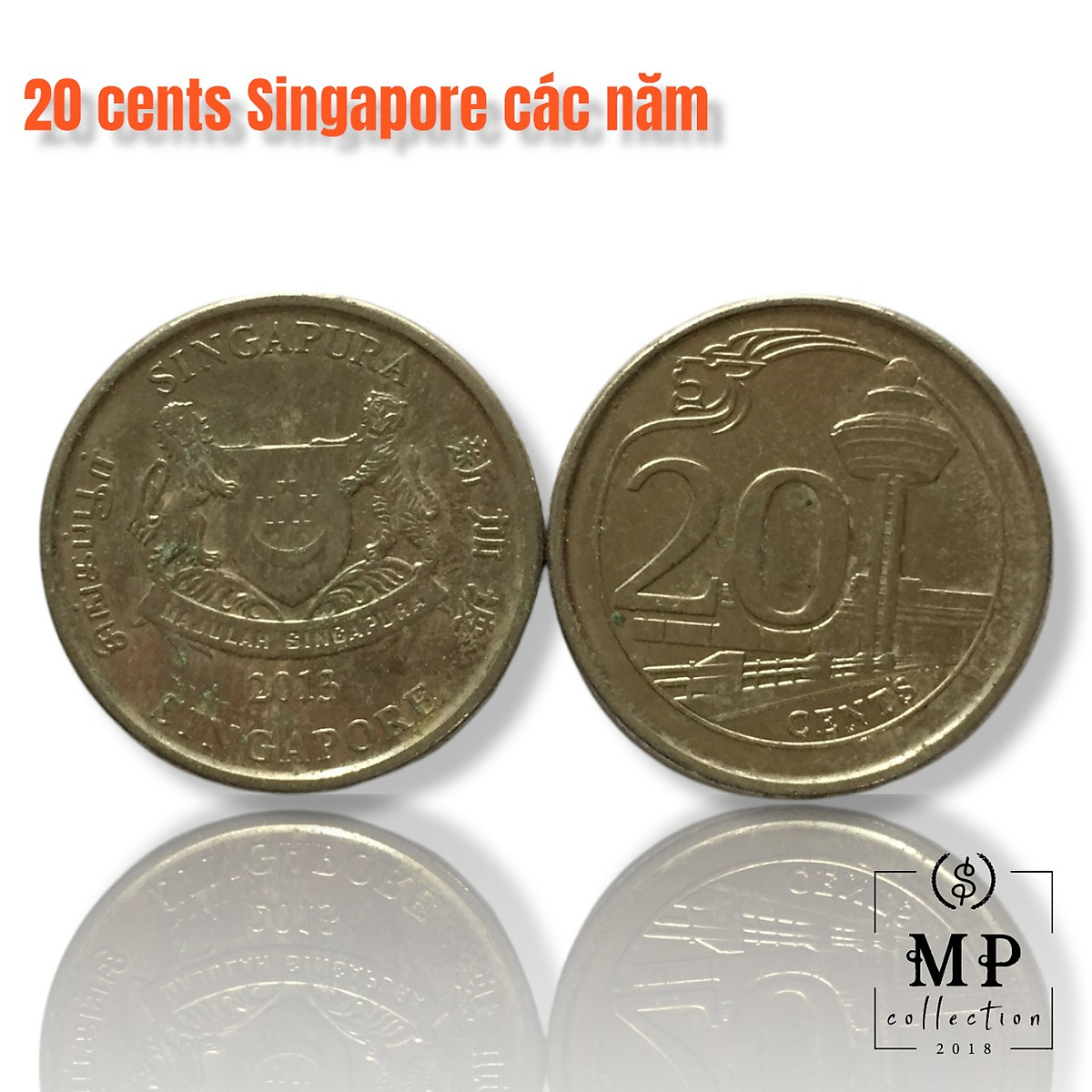 Đồng tiền xu 20 cents Singapore với hoa trinh nữ và hình ảnh sư tử năm