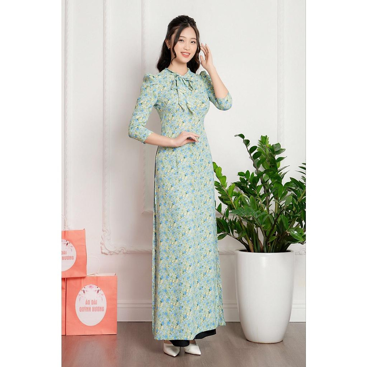 Mua Áo dài hoa nhí, áo dài xinh màu xanh ngọc thiết kế cổ thắt nơ tay bồng | Tiki Mua Áo Dài Hoa Nhí, Áo Dài Xinh Màu Xanh Ngọc Thiết Kế Cổ Thắt Nơ Tay Bồng | Tiki