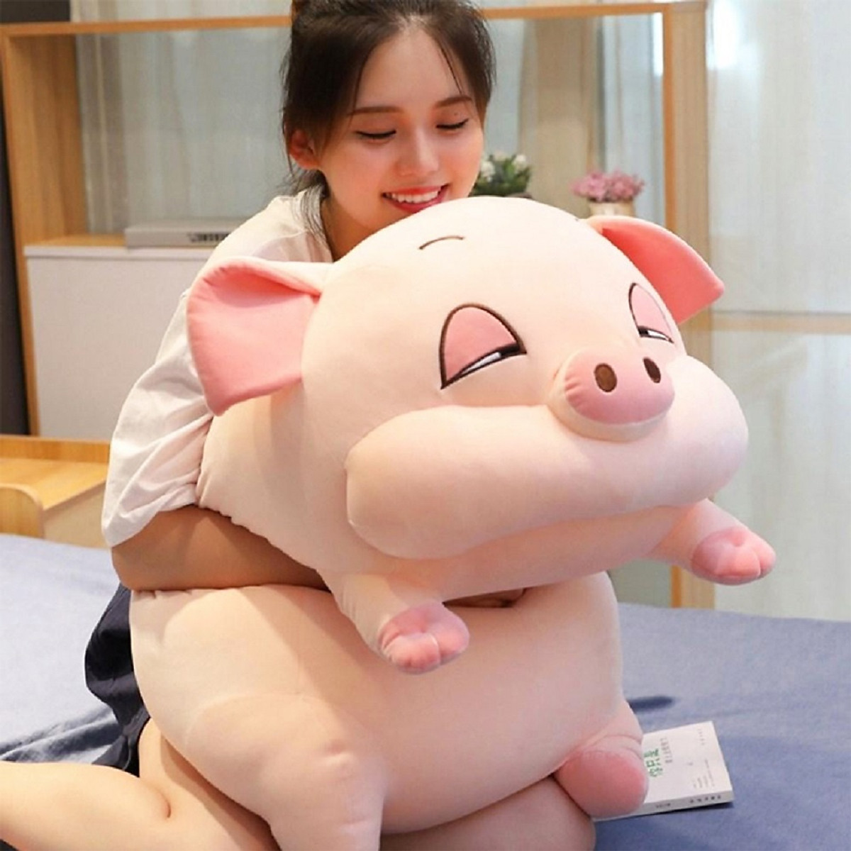 Gấu bông heo ngủ size 50cm, gấu bông gối ôm heo mắt híp đáng yêu ...