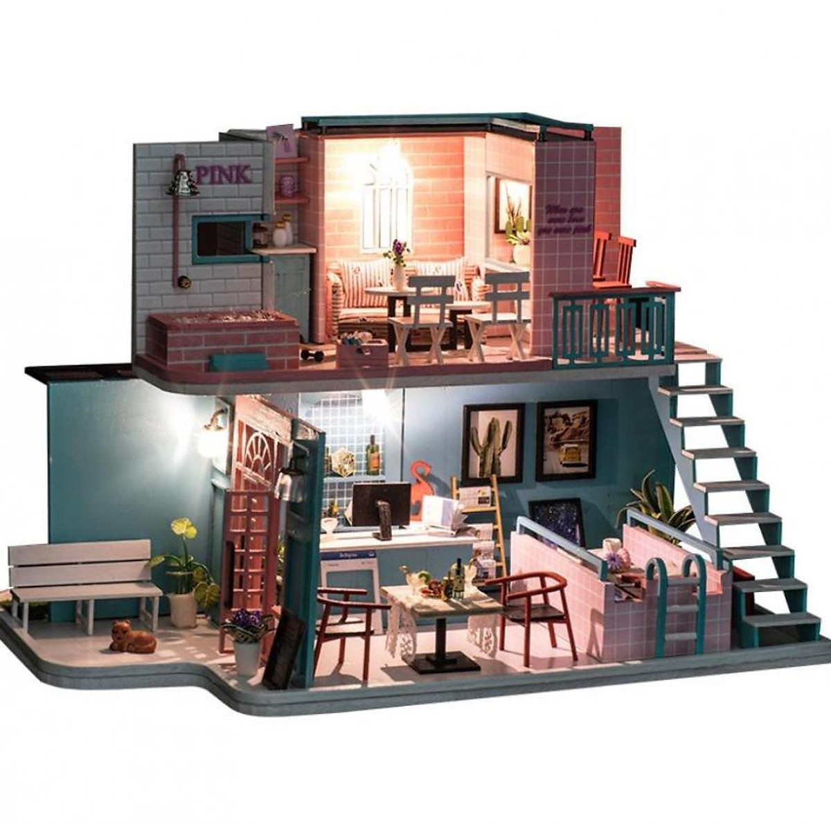 Đồ chơi lắp bằng gỗ handmade Mô hình trang trí DIY tiệm cà phê mini thu nhỏ  M027 có đèn quà tặng cho bé trẻ em