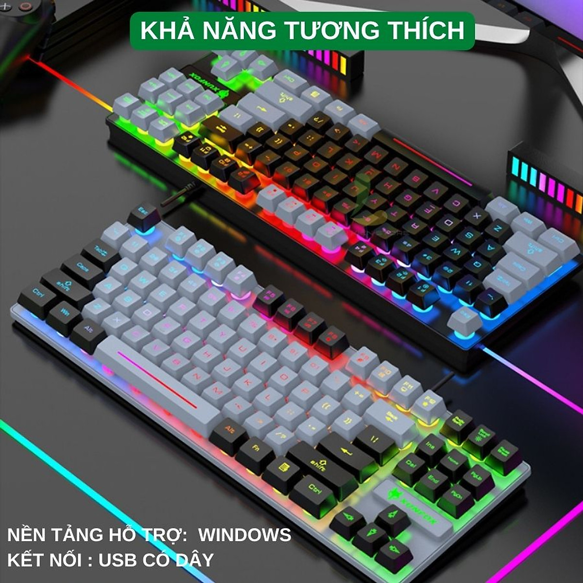 Bàn phím giả cơ gaming XUNFOX K10 - Bàn phím có dây công thái học 87 phím LED Rainbow - Hàng nhập khẩu